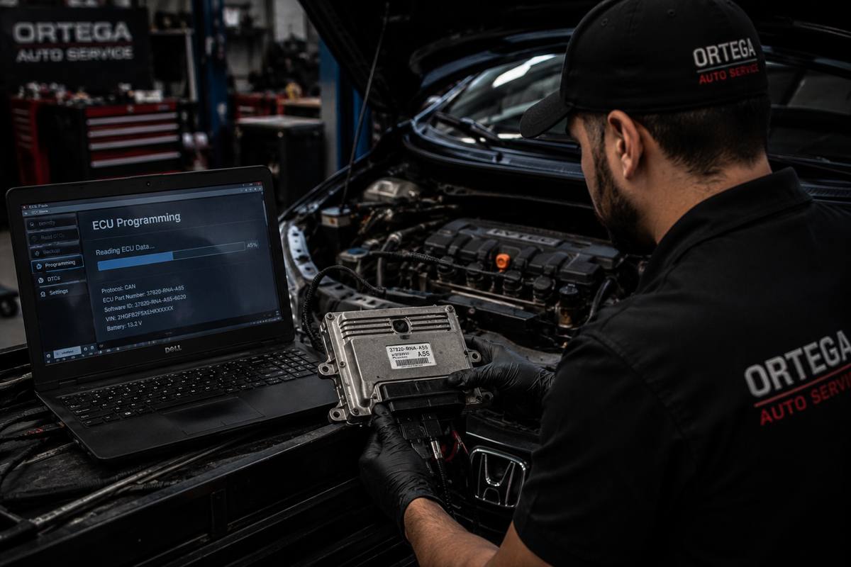 Technician programming a vehicle's Engine Control Unit with a laptop
